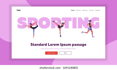 Exercising outdoors set. People running, doing yoga, playing ball in city park. Flat vector illustrations. Summer, sport, morning activities concept for banner, website design or landing web page