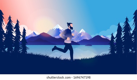 Exercising outside - Man with beard running by the lake with mountains and sunlight in background. Early morning, training, jogging and healthy concept. Vector illustration.
