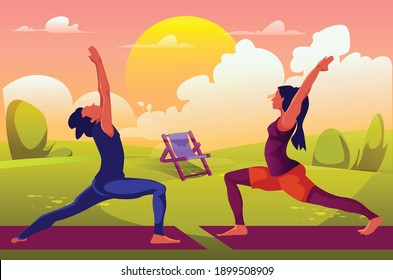 Exercising in a park. Two people practicing yoga and stretching outdoors.