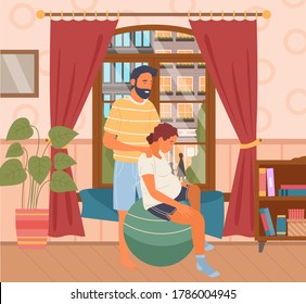 Exercising for pregnant woman sitting on fitness ball. Pregnancy preparing, wife and husband make position training, man massages her back . Female character waiting for childbirth with caring man