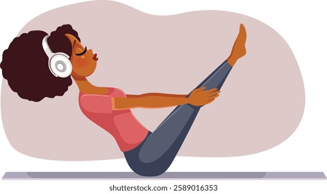 
Exercising Woman in Boat Vector Cartoon Illustration. Carefree girl doing Pilates while listening to music 
