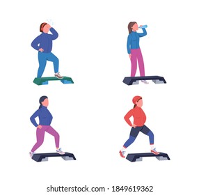 Exercising women flat color vector faceless character set. Fitness workout with deck. Sports training. Step up aerobics isolated cartoon illustration for web graphic design and animation collection