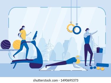 Exercising Women in Gym Flat Cartoon Vector Illustration. Healthy Lifestyle and Being Active. Girl Workout Fitness, Aerobics. Worming up near Huge Window. Running on Bicycle Track.