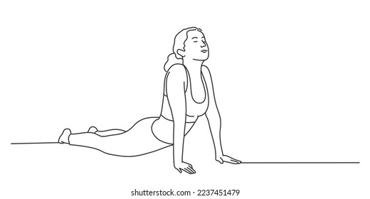 Exercising, young woman doing stretching. Hand drawn vector illustration.