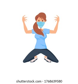 Exercising young woman wearing a face mask standing on her knees, COVID 19