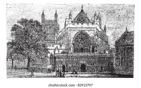 Exeter Cathedral in England, United Kingdom, during the 1890s, vintage engraving. Old engraved illustration of Exeter Cathedral. Trousset encyclopedia (1886 - 1891).