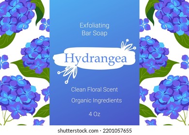 Exfoliating bar soap, clean floral scent and organic ingredients of product. Hydrangea fragrance of flower, mass market or branding. Banner or emblem for product package. Vector in flat style