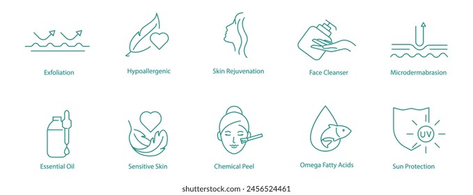 Exfoliation, Hypoallergenic Skin Rejuvenation, Face Cleanser, Microdermabrasion, Skin Toning, Essential Oil, Sensitive Skin, Chemical Peeling, Omega 3 Fatty Acid, Sunscreen Vector Icons Set