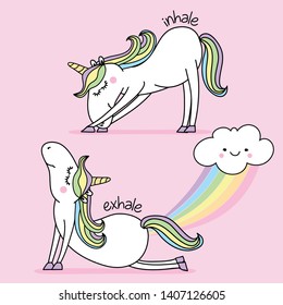 Exhale - Inhale - namaste fart rainbow funny vector quotes and unicorn drawing. Lettering poster or t-shirt textile graphic design. / Cute unicorn character illustration on isolated blue background.