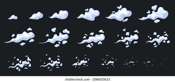 Animación de escape. Animar la nube de humo, el polvo de dibujos animados 2d efecto animado para el juego, el vapor de movimiento de la hoja de cuadros, el storyboard de gases de emisión rápida ilustración del vector de smog. Flash de vapor en la nube y auge