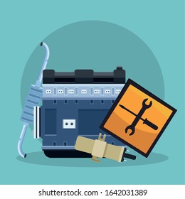 exhaust, car engine and repair tools sign over blue background, colorful design, vector illustration