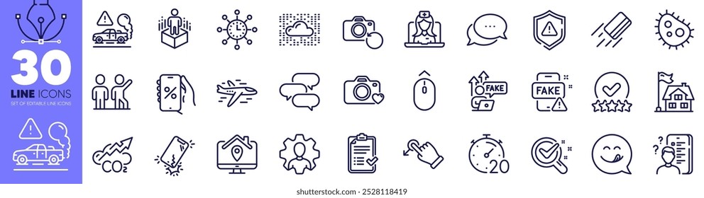 Exaustão, sistema de nuvem e Smartphone quebrado linha ícones pacote. Professional, Swipe up, Talk bubble web icon. Avião, Hora Mundial, pictograma de escudo. Pesquisa, Trabalho em casa, Notícias falsas. Trabalho em equipe. Vetor