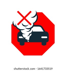 Exhaust Gas Air Pollution Danger Sign  - Eco-friendly Sign With Crossed Out Car With CO2 Smoking Tail Pipe - Isolated Vector Icon