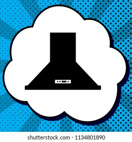 Exhaust hood. Kitchen ventilation sign. Vector. Black icon in bubble on blue pop-art background with rays.