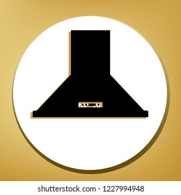 Exhaust hood. Kitchen ventilation sign. Vector. Black icon with light brown shadow in white circle with shaped ring at golden background.