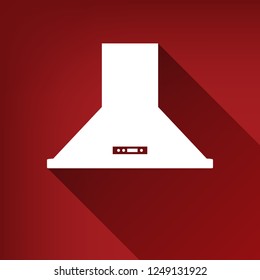 Exhaust hood. Kitchen ventilation sign. Vector. White icon with limitless shadow at ruby red background.