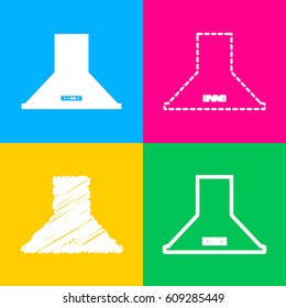 Exhaust hood. Kitchen ventilation sign. Four styles of icon on four color squares.