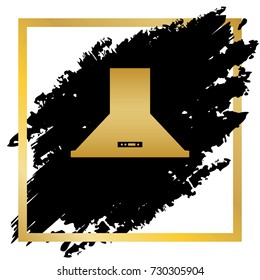Exhaust hood. Kitchen ventilation sign. Vector. Golden icon at black spot inside golden frame on white background.