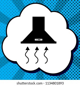 Exhaust hood. Range hood. Kitchen ventilation sign. Vector. Black icon in bubble on blue pop-art background with rays.