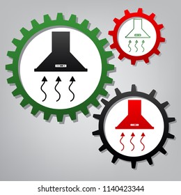 Exhaust hood. Range hood. Kitchen ventilation sign. Vector. Three connected gears with icons at grayish background.