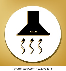 Exhaust hood. Range hood. Kitchen ventilation sign. Vector. Black icon with light brown shadow in white circle with shaped ring at golden background.