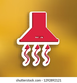 Exhaust hood. Range hood. Kitchen ventilation sign. Vector. Magenta icon with darker shadow, white sticker and black popart shadow on golden background.