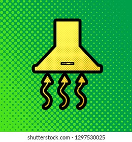 Exhaust hood. Range hood. Kitchen ventilation sign. Vector. Pop art orange to yellow dots-gradient icon with black contour at greenish background.