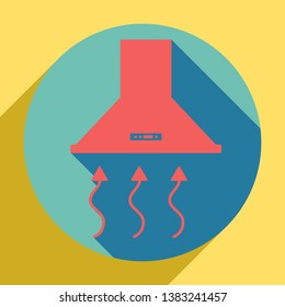Exhaust hood. Range hood. Kitchen ventilation sign. Sunset orange icon with llapis lazuli shadow inside medium aquamarine circle with different goldenrod shadow at royal yellow background.