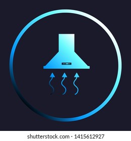 Exhaust hood. Range hood. Kitchen ventilation sign. White, cyan and blue gradient icon as round button in white shell at dark blue background. Illustration.