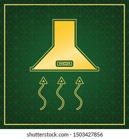 Exhaust hood. Range hood. Kitchen ventilation sign. Golden icon with gold contour at dark green gridded background. Illustration.