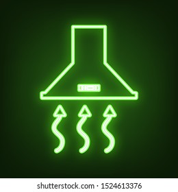 Exhaust hood. Range hood. Kitchen ventilation sign. Green neon icon in the dark. Blurred lightening. Illustration.