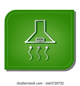 Exhaust hood. Range hood. Kitchen ventilation sign. Silver gradient line icon with dark green shadow at ecological patched green leaf. Illustration.