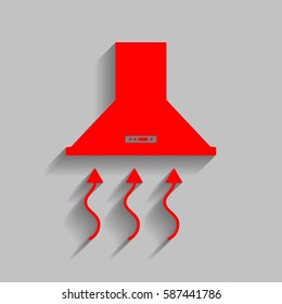 Exhaust hood. Range hood. Kitchen ventilation sign. Vector. Red icon with soft shadow on gray background.