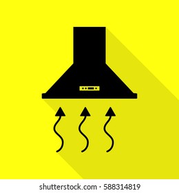 Exhaust hood. Range hood. Kitchen ventilation sign. Black icon with flat style shadow path on yellow background.