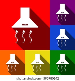 Exhaust hood. Range hood. Kitchen ventilation sign. Vector. Set of icons with flat shadows at red, orange, yellow, green, blue and violet background.