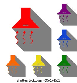 Exhaust hood. Range hood. Kitchen ventilation sign. Set of red, orange, yellow, green, blue and violet icons at white background with flat shadow.