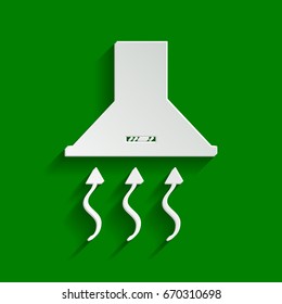 Exhaust hood. Range hood. Kitchen ventilation sign. Vector. Paper whitish icon with soft shadow on green background.