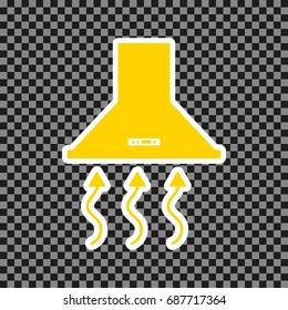 Exhaust hood. Range hood. Kitchen ventilation sign. Vector. Yellow icon with white contour on dark transparent background.