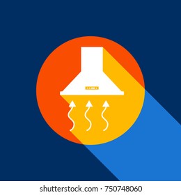 Exhaust hood. Range hood. Kitchen ventilation sign. Vector. White icon on tangelo circle with infinite shadow of light at cool black background. Selective yellow and bright navy blue are produced.