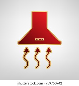 Exhaust hood. Range hood. Kitchen ventilation sign. Vector. Red icon on gold sticker at light gray background.