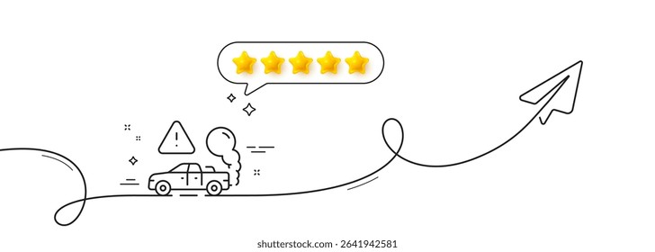 Exhaust line icon. Continuous line with share plane. Car co2 fumes sign. Vehicle danger emission symbol. Five star rate review in speech bubble. Exhaust single line ribbon. Loop curve pattern. Vector