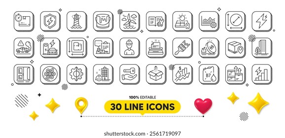 Exhaust, Paint and Windmill line icons pack. 3d design elements. Parcel tracking, Open door, Circle area web icon. Power, Consumption growth, Rise price pictogram. Vector