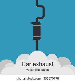 Exhaust pipe of car with the clouds of smoke.  Air pollution. Exhaust car. Carbon dioxide emissions. Vector illustration.
