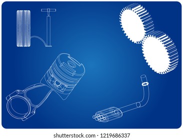 Exhaust pipe, piston and wheel on a blue background. Drawing