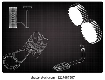Exhaust pipe, piston and wheel on a black background. Drawing