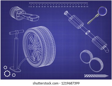 Exhaust pipe, piston and wheel on a blue background. Drawing