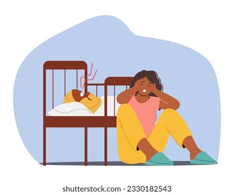 Ausgestoßene afroamerikanische Muttersprachler kämpfen mit Postpartum-Depression und neigen dazu, ein weinendes Baby in einem Kinderbett zu bekommen, um Unterstützung und Verständnis zu suchen. Vektorgrafik von Cartoon People