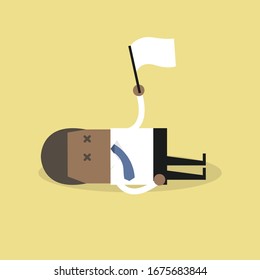 Exhausted African businessman lying down on the floor and surrender.
