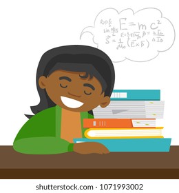 Exhausted african-american student sleeping on the desk and solving maths exercises while sleep. Sleepy student lying on books after learning. Vector cartoon illustration isolated on white background.