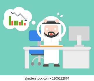 exhausted Arab businessman stress and paranoid at office because bad turnover, flat design vector illustration